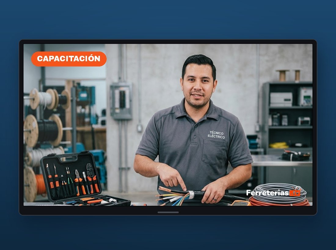 Cápsula de capacitación de Ferreterias.tv en pantalla: un técnico eléctrico enseñando el uso del producto