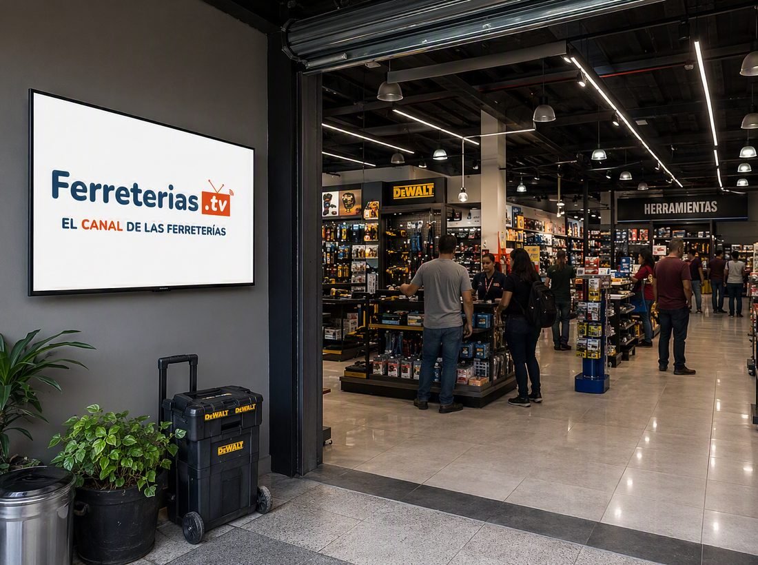 Pantalla de Ferreterias.tv transmitiendo el canal en la entrada de una ferretería con clientes