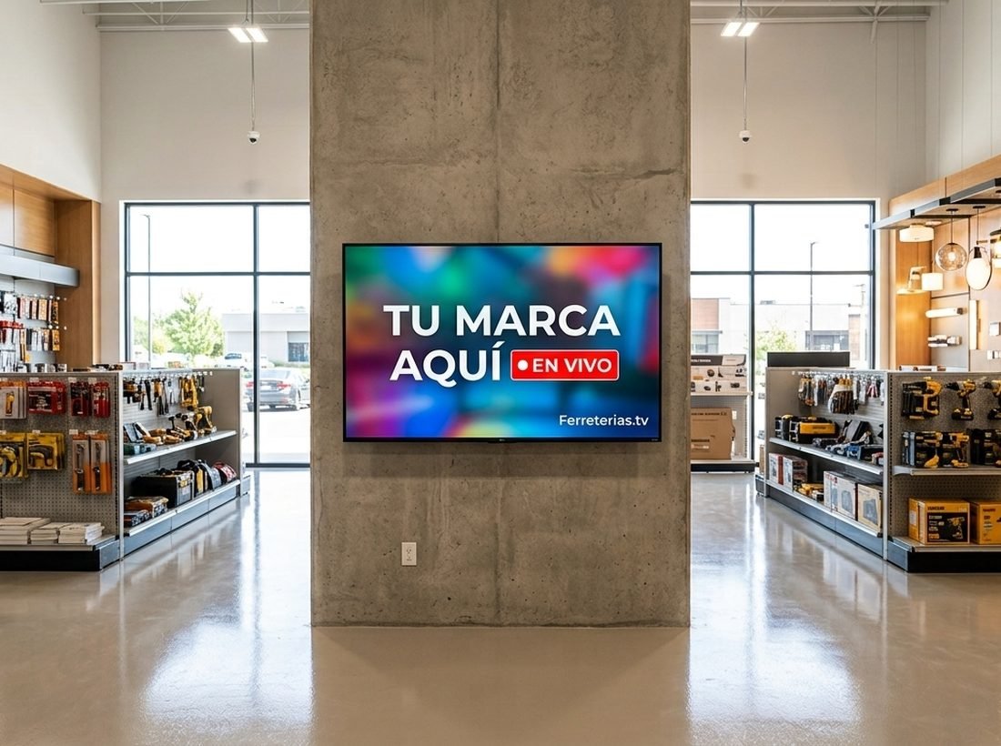 Pantalla de Ferreterias.tv en una ferretería mostrando el espacio disponible para tu marca